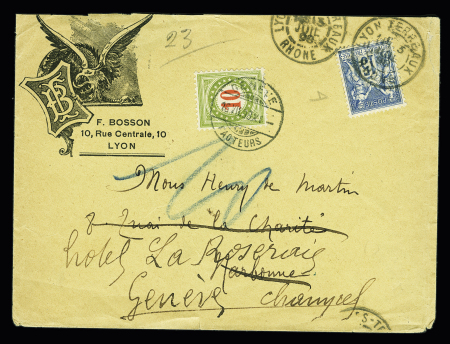 N°90 OBL Lyon Terreaux Rhone (1898) sur lettre pour Narbonne réexpédiée à Genève avec Suisse timbre-taxe n°31. TB