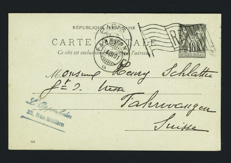 Entier carte postale 10c Sage OBL mec drapeau "Paris etranger" (1901) pour la Suisse. Rare 