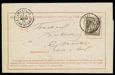 N°67, 20c brun-lilas OBL T17 "Chartres Eure-et-Loir" (1878) sur avis de renseignement rose des postes. TB