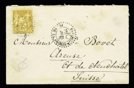 N°92 OBL CAD d'essai pointillé "Paris PL de la Bourse" (1881 - De Beaufond n°672) sur lettre pour La Suisse. TB