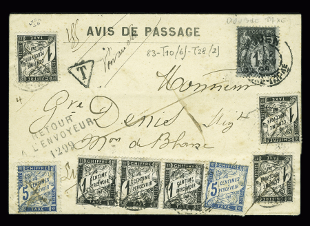 N°83 OBL Rouen Seine INFre" (1895) sur avis de passage taxé à 8c avec taxe n°10, 3 pièces + 28 (2 présentations). TB