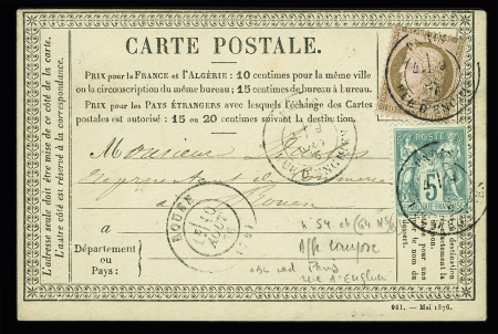 N°54 ° 64 OBL CAD "Paris rue d'Enghien" (1876) sur carte postale précurseur, AFF composé Cérès-Sage. TB