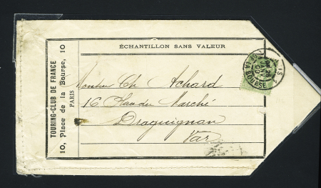 N°102 OBL CAD "Paris 1 PL de la Bourse" (1900) sur enveloppe sachet du Touring-Club de France avec mention imprimée "Echantillon sans valeur". TB.