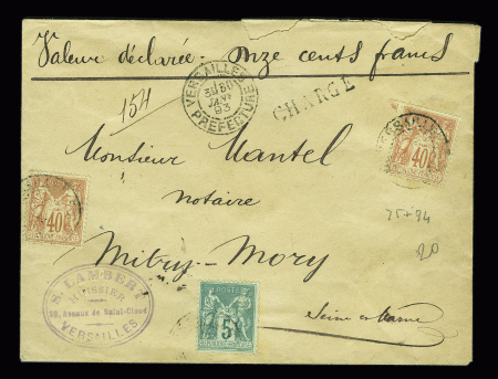 N°75 + 94, 2 pièces, OBL CAD "Versailles préfecture" (1893) sur lettre chargée (VD 1100F). TB