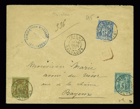 N°75 + 90 + 96 OBL "Isigny Calvados" (1892) sur lettre recommandée pour Bayeux. TB