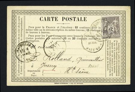N°77 OBL Beaucourt Haut-Rhin (1877) sur carte postale précurseur privée "Japy Frères & Cie, Beaucourt". Rare et TB