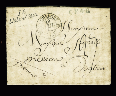 Aix : cursive 16 L'Isle d'Aix + T12 Rochefort sur lettre 1832 pour le Piémont, TB