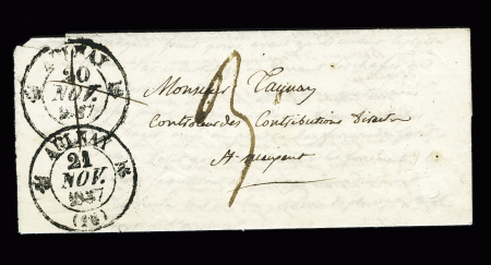 CAD T12 "Aulnay (16)" (20 nov 1837 annulé à la plume) et remplacé par un CAD du 21 nov, ind 10. TB