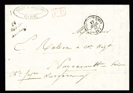 Ciré de Saintonge : cursive "16 Ciré de Saintonge" + T15 "Rochefort-s-Mer (16)" (1847) + "PP" encadré rouge, ind 17. TB