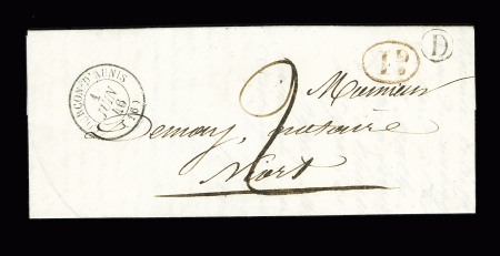 Courçon d'Aunis : lettre avec T15 "Courçon d'Aunis (16)" (1846) + décime rural rouge + boite rurale "D" (1846), ind 6+. TB