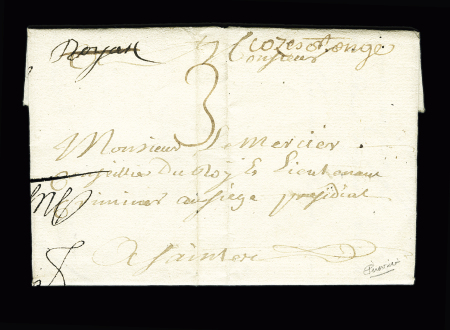 Cozes : lettre avec marque double de service secondaire manuscrite "Coze St Onge" + "Royan" manuscrit rayé (L n°1, Dubus n°1). Certificat Chevalier. RR et TB