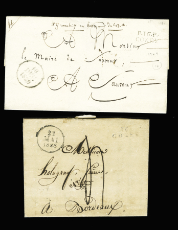 2 lettres avec MP noires "16 Cozes" (1828 - ind 9 - B) et "P 16 P Cozes" (1830 - ind 16). TB