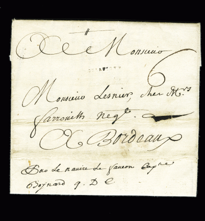MP "De la Flote" (L n°3) utilisée comme entrée sur lettre de la Martinique pour Bordeaux (1754) et mention manuscrite "Par le navire Le Faucon Capne Boynard Q.D.C", ind 24. Très rare, B