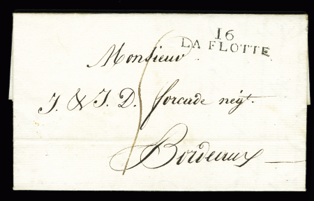 MP "16 La Flotte" utilisée comme marque d'entrée maritime sur lettre de Saint-Pierre de la Martinique (1816), ind 15, frappe superbe