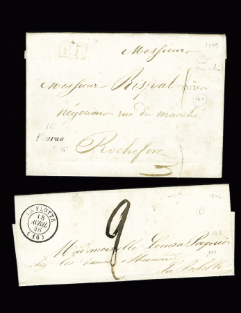 2 plis : l'un avec T15 "La Flotte (16)" (1846) + taxe 2 manuscrite, l'autre avec "PP" rouge et cursive "16 Fouras", ind 5 et ind 16+. TB