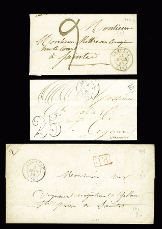 Gémozac : 3 plis avec T15 Gémozac (1852 - mars et sept 1848) + "PP" ou taxe, ind 3 (2) et ind 4. TB