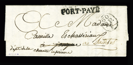 Lettre de Paris pour Jonzac réexpédiée à Saintes avec au verso MP "Deb 16 Ionsac" + dateur A (1831), ind 19. TB