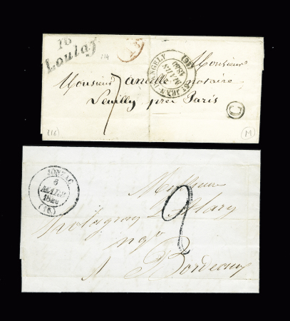 Loulay : lettre avec cursive "16 Loulay" + T14 "St Jean d'Angély (16)" (1840) et lettre avec T14 "Jonzac (16)" (1849) + taxe 2 tampon façon manuscrite, ind 14 et ind 3. TB