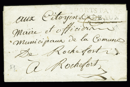 Lettre avec au verso MP manuscrite "Debe Marans le 3 thermidor" (1794), id 19, rare et TB