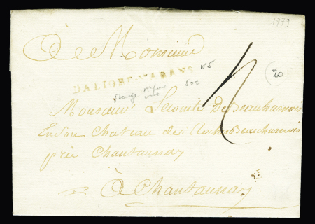 MP "D'Aligre-Marans" en brun-rouge (Lenain n°5b - 1ère pièce vue) adressée au Comte Claude de Beauharnais près de Chantonnay en Vendée (1779), ind 20, rare, B/TB