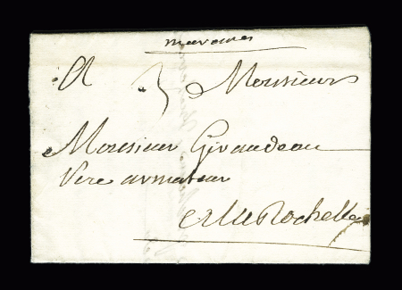 Marennes : petite MP manuscrite "Marennes" (L n°1, ind 11) (1745). TB