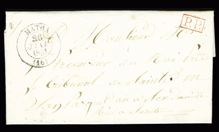 Matha : Lettre avec T13 "Matha (16)" (1841) + "PP" encadré rouge, ind 8. TB