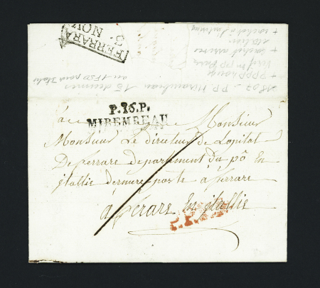 MP "P 16 P Mirambeau" (1807 - ind 14) sur lettre pour Ferrare (Italie), ind 14. TB