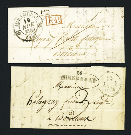 2 plis : MP "16 Mirambeau" + dateur "A" (1831) (ind 8) et T12 "Mirambeau (16)" (1839) + "PP" rouge encadré (ind 6). TB