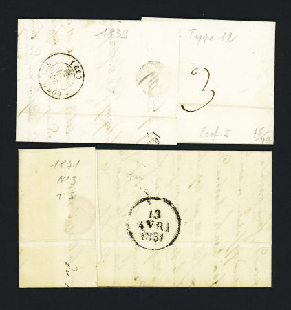 2 plis : MP "16 Mirambeau" + dateur "A" (1831) (ind 8) et T12 "Mirambeau (16)" (1839) + "PP" rouge encadré (ind 6). TB