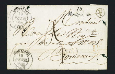 Montguyon : cursive "16 Montguyon" + T14 "Montlieu (16)" (1841), ind 15, rare et TB