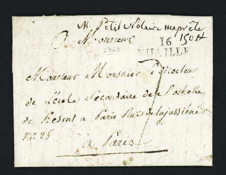 MP "16 Nuaillé" (27 x 9mm - 1812) + taxe 7 manuscrite, ind 14. TB
