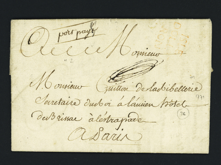 Ile d'Oléron : marque rouge "Isle d'Olleron" (frappe faible) + "port payé" manuscrit (L n°2, 1771), ind 26