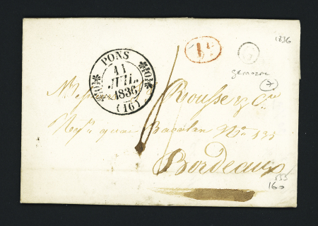 Lettre avec T11 "Pons (16)" (1836) + décime rural rouge + boite rurale "G" de Gémozac, ind 7+. TB