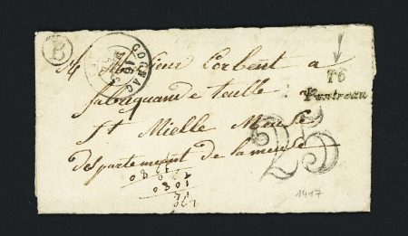Pontreau : cursive "16 Pontreau" + T15 Cognac (1954) + taxe 25 double-trait + boite rurale "B", ind 20. Rare et TB