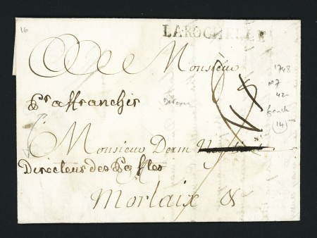 MP "La Rochelle" (L n°7), franche et détaxée avec mention "Pr affranchir + Directeur des Postes", ind 14. TB
