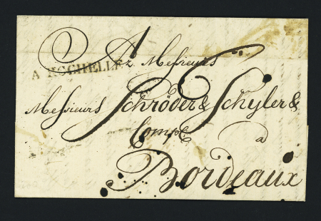 Lettre des Pays-Bas par La Rochelle pour Bordeaux (1761) avec au recto MP "La Rochelle" et au verso mention manuscrite "vos très humbles servante et serviteur Vve Schellebeek et fils" (achemineur). TB