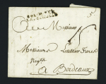 Lettre des Cayes (Haiti) (1773) pour Bordeaux avec MP d'entrée maritime "Col. N. par La Rochelle" (38x7mm), ind 20. TB