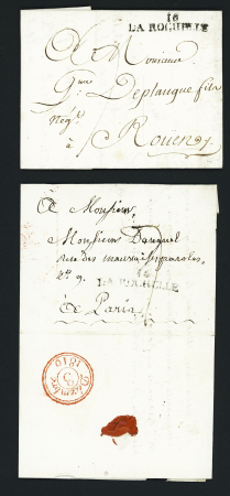 3 MP "16 La Rochelle" (An 11 - 1810 - 1813) dont l'une avec MP "54 Auray" (erreur d'acheminement). TB