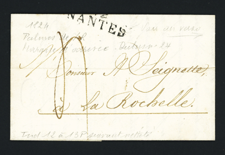 Idem. Lettre de Nantes pour La Rochelle (1824) avec au verso marque d'arrivée "Palmes de La Rochelle", ind 13. TB