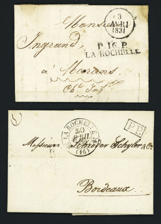 2 lettres : MP "P 16 P La Rochelle" + dateur A (1831) et T12 "La Rochelle (16)" (1832) + "PP" encadré noir, ind 9 chacune. TB