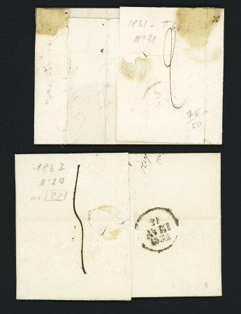 2 lettres : MP "P 16 P La Rochelle" + dateur A (1831) et T12 "La Rochelle (16)" (1832) + "PP" encadré noir, ind 9 chacune. TB