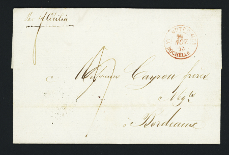 Lettre de Port-Louis (Ile Maurice) pour Bordeaux avec CAD rouge "Outre-Mer La Rochelle", mention manuscrite "Par La Cécilia", ind 13. TB