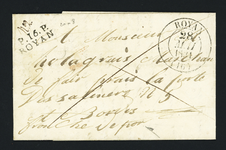 Lettre avec MP "P 16 P Royan" (20x8mm) + T13 Royan (1831), belle association, jolies frappes, ind 15