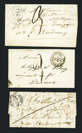 4 lettres : T14 "St Genis (16)" (1843) et T15 "St Genis de Saintonge 16" (1848 - 1849 - 1852) dont l'une avec boire rurale "F" de St Germain de Seudre. TB