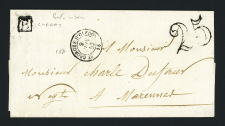Saint-Georges d'Oléron : lettre sans timbre avec CAD T15 "St Georges d'Oléron (1852) + taxe 25 double-trait + boite rurale "B". TB
