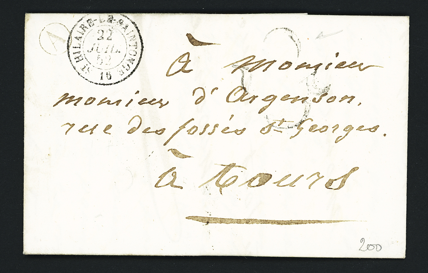 Lot 112302 Lettre sans timbre avec T15 "St Hilaire de Saintonge 16" (1852) + boite rurale "A