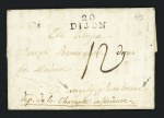 Lettre avec MP "20 Dijon" (1794) adressée à Angély Boutonne (nom révolutionnaire) avec taxe 12 manuscrite, ind 12. TB
