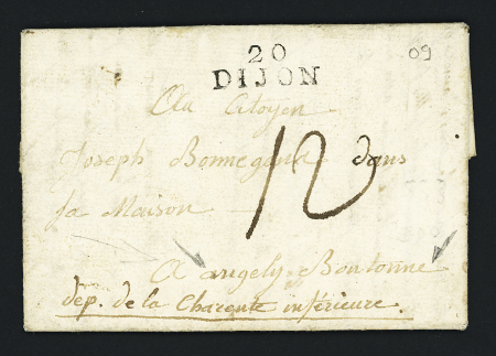 Lettre avec MP "20 Dijon" (1794) adressée à Angély Boutonne (nom révolutionnaire) avec taxe 12 manuscrite, ind 12. TB