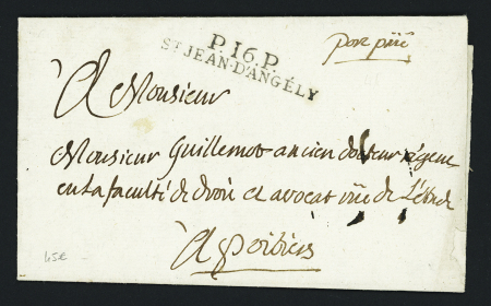 Lettre avec belle MP "P 16 P St Jean d'Angely" + mention manuscrite "Port Païé" (1804), ind 10