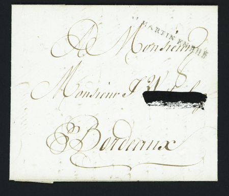 Lettre de dec 1791 avec petite MP "St Martin en Rhé" (le mot "St" a été échoppé pour supprimer le mot "Saint") rare précurseur de nom révolutionnaire, ind 17. TB